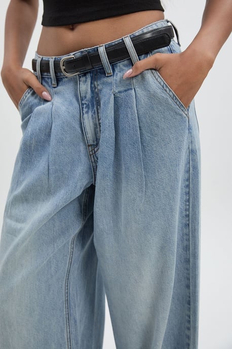 High Waist Supersoft Belted Pleated Wide Leg Jeans - Image 4