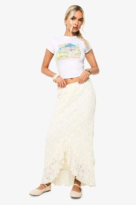 Ruffle Lace Asymmetric Hem Midi Skirt - Image 1