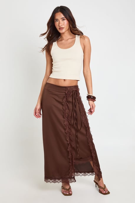 Satin Lace Trim Wrap Midaxi Skirt - Image 1