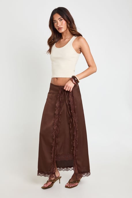 Satin Lace Trim Wrap Midaxi Skirt - Image 3