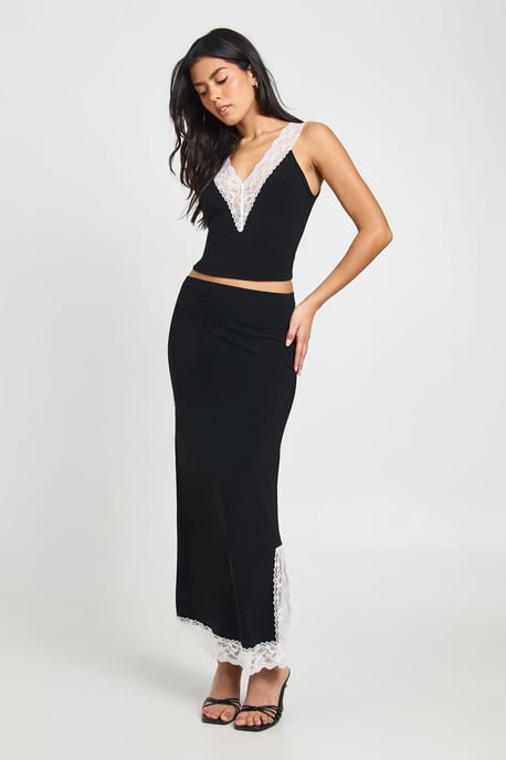 Contrast Lace Trim Split Hem Midi Skirt - Image 1
