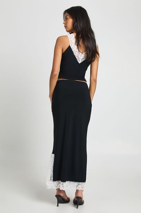 Contrast Lace Trim Split Hem Midi Skirt - Image 2