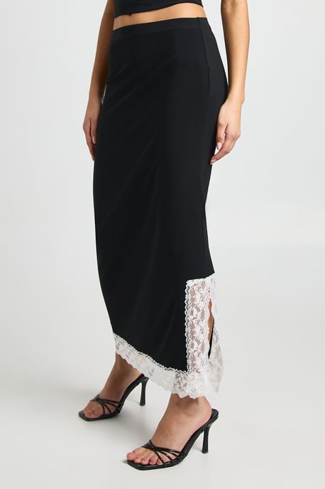 Contrast Lace Trim Split Hem Midi Skirt - Image 4