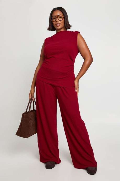 Plus Shoulder Pad Pleated Detail Asym Hem Top And Wide Leg Trousers - Image 1