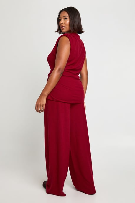 Plus Shoulder Pad Pleated Detail Asym Hem Top And Wide Leg Trousers - Image 2