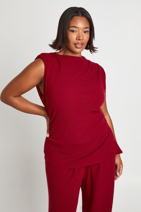 Plus Shoulder Pad Pleated Detail Asym Hem Top And Wide Leg Trousers - Image 4
