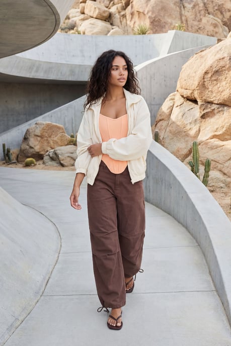 Seam Detail Drawstring Hem Twill Wide Leg Trousers - Image 3
