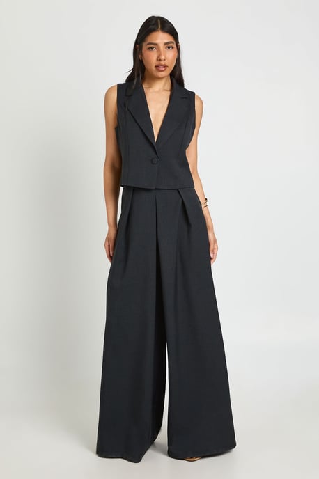 Tall Linen Look Pleat Front Wide Leg Tailored Trousers - Image 1