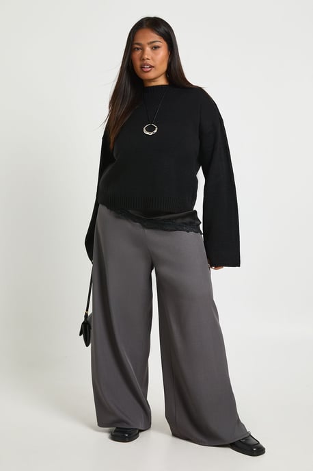 Plus Woven Elasticated Waist Drawstring Wide Leg Trouser - Image 1
