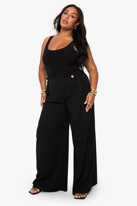 Plus Elasticated Waist Gold Trim Wide Leg Tailored Trouser - Image 1