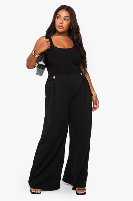 Plus Elasticated Waist Gold Trim Wide Leg Tailored Trouser - Image 3