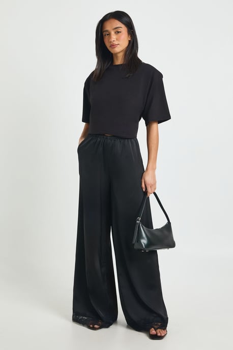 Petite Satin Lace Trim Wide Leg Trousers - Image 1