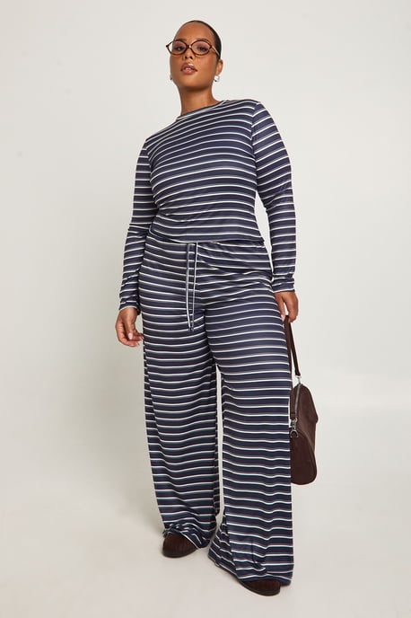 Plus Stripe Long Sleeve Fitted Top And Wide Leg Trouser - Image 1