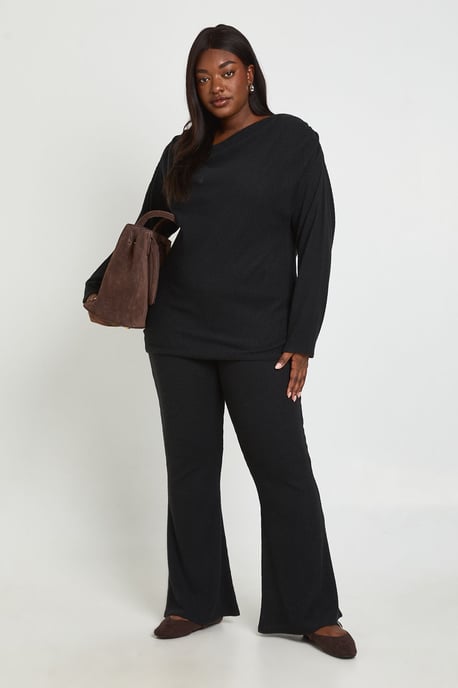 Plus Brushed Rib Ruched Shoulder Detail Top And Wide Leg Trousers - Image 1