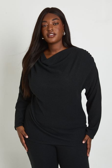 Plus Brushed Rib Ruched Shoulder Detail Top And Wide Leg Trousers - Image 2