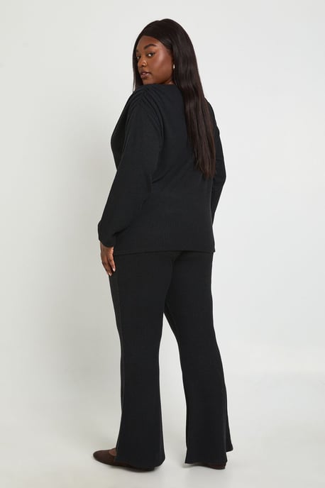 Plus Brushed Rib Ruched Shoulder Detail Top And Wide Leg Trousers - Image 3