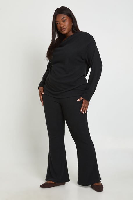 Plus Brushed Rib Ruched Shoulder Detail Top And Wide Leg Trousers - Image 4