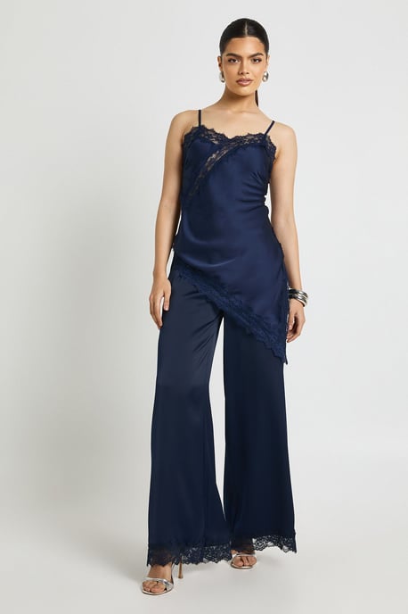 Satin Lace Trim Wide Leg Trousers - Image 1