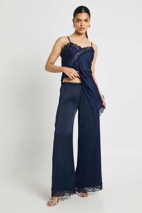 Satin Lace Trim Wide Leg Trousers - Image 3
