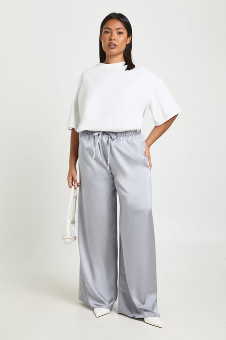 Plus Satin Drawstring Waist Wide Leg Trouser - Image 1