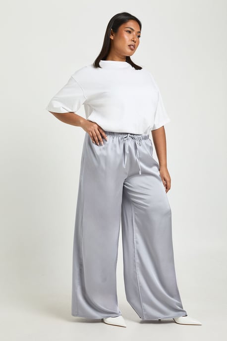 Plus Satin Drawstring Waist Wide Leg Trouser - Image 3