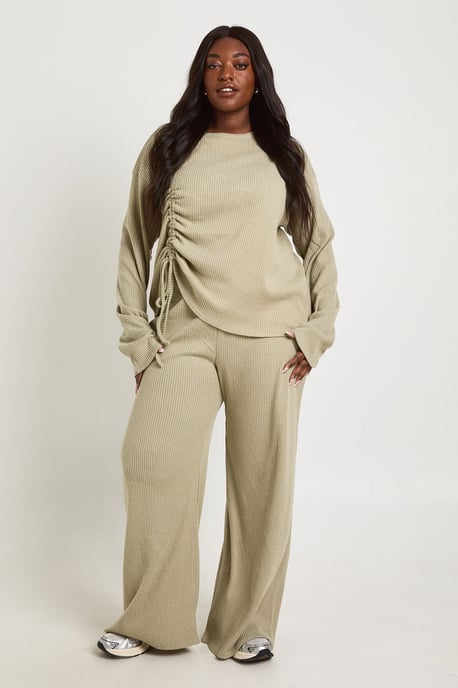 Plus Front Ruched Long Sleeve Top And Wide Leg Lounge Set - Image 1