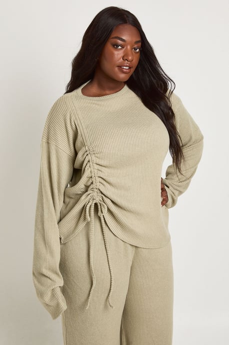 Plus Front Ruched Long Sleeve Top And Wide Leg Lounge Set - Image 3