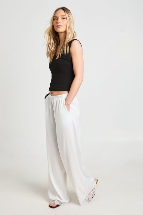 Petite Satin Lace Trim Wide Leg Trousers - Image 3