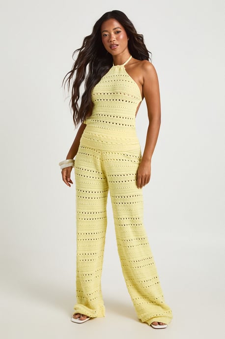 Crochet Knit Halterneck Top and Wide Leg Trouser Co-Ord - Image 1