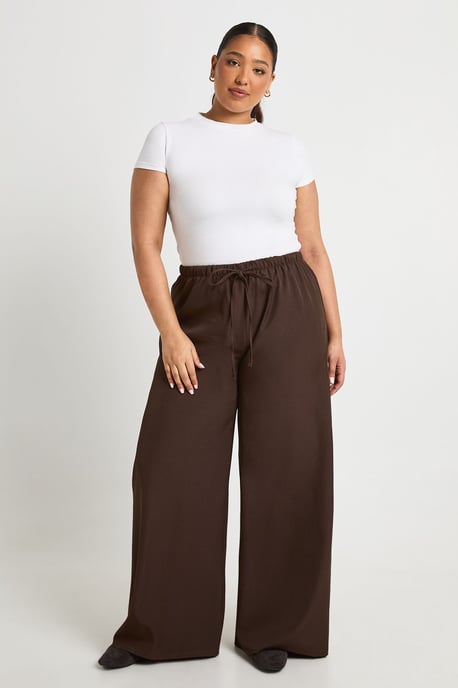 Plus Woven Elasticated Waist Drawstring Wide Leg Trouser - Image 1