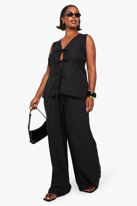 Plus Linen Look Tie Front Top And Wide Leg Trouser Co-Ord - Image 3