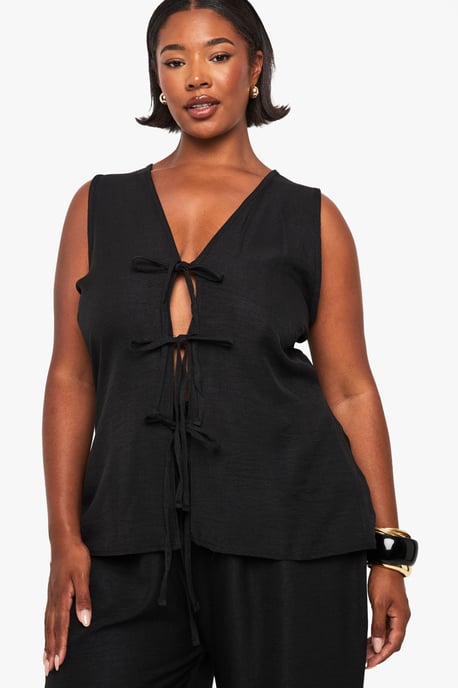 Plus Linen Look Tie Front Top And Wide Leg Trouser Co-Ord - Image 4