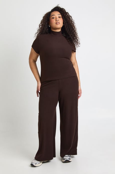 Plus Rib High Neck Cap Sleeve Top and Wide Leg Trousers Co Ord - Image 1