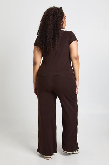 Plus Rib High Neck Cap Sleeve Top and Wide Leg Trousers Co Ord - Image 2