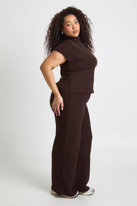 Plus Rib High Neck Cap Sleeve Top and Wide Leg Trousers Co Ord - Image 3
