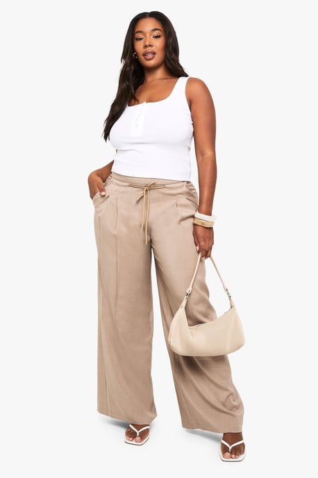 Plus Woven Drawstring Pleated Wide Leg Trouser - Image 1