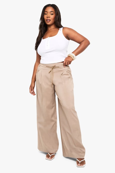 Plus Woven Drawstring Pleated Wide Leg Trouser - Image 3