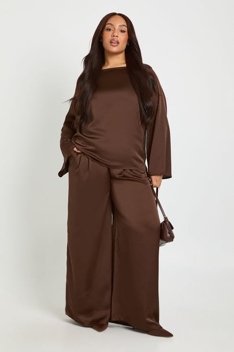 Plus Boat Neck Boxy Satin Top And Wide Leg Trousers - Image 1