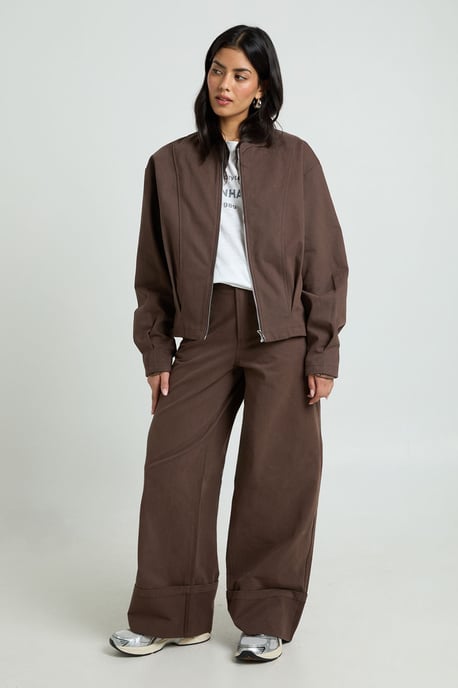 Turn Up Hem Twill Wide Leg Trousers - Image 1