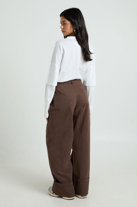Turn Up Hem Twill Wide Leg Trousers - Image 2