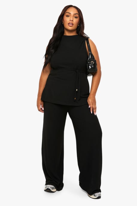 Plus Brushed Tunic Tie Belt Top And Wide Leg Trouser - Image 1