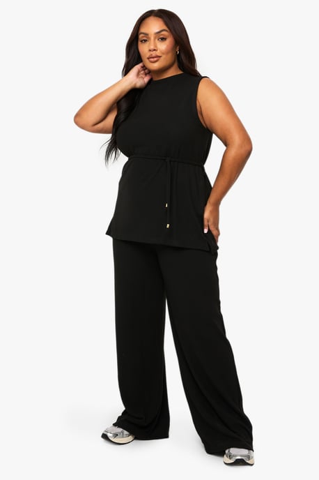 Plus Brushed Tunic Tie Belt Top And Wide Leg Trouser - Image 3