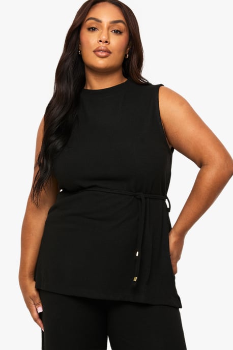 Plus Brushed Tunic Tie Belt Top And Wide Leg Trouser - Image 4