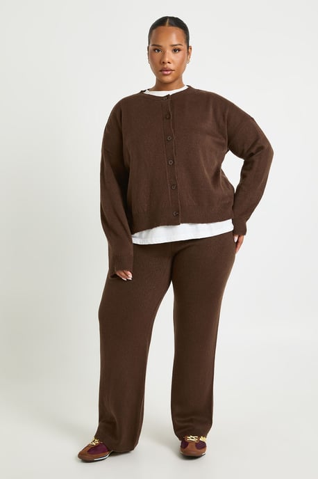 Plus Crew Neck Knitted Boxy Cardigan and Wide Leg Trouser Co-Ord - Image 1