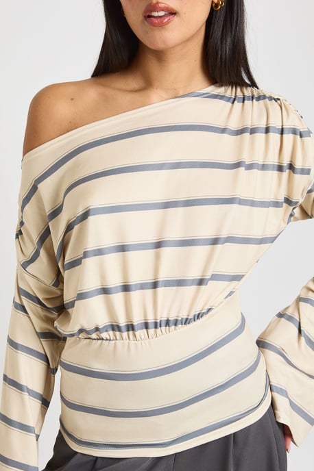 Stripe Cinched Waist Off The Shoulder Top - Image 4
