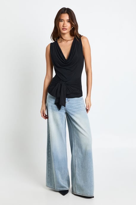 Cowl Neck Tie Waist Sleeveless Top - Image 2