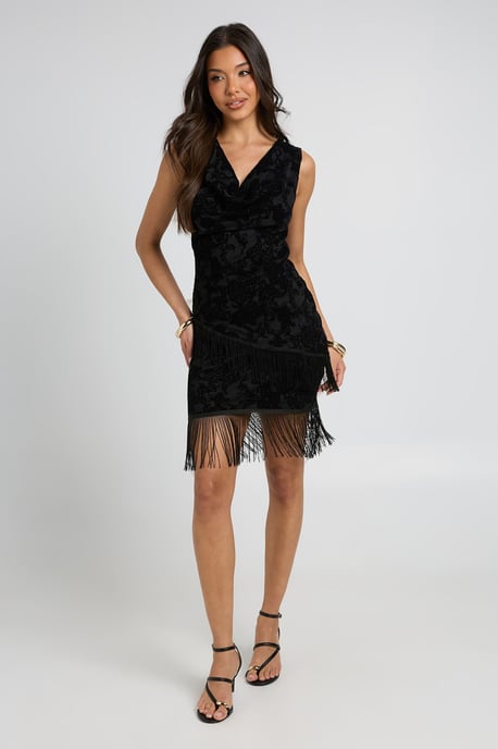 Devore Cowl Neck Fringe Asymmetric Hem - Image 3