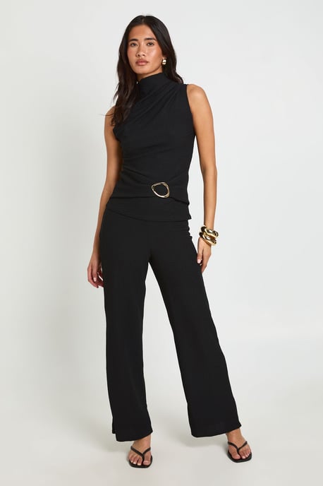 Textured Ruched Grown On Neck Trim Detail Top - Image 2