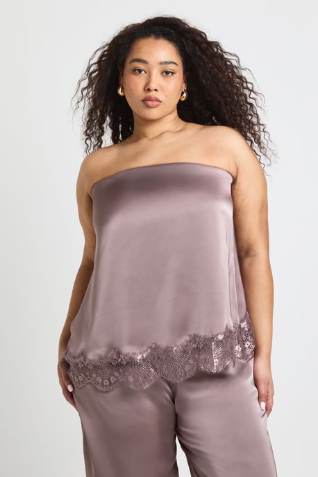 Plus Lace Hem Satin Floaty Bandeau Top - Image 1