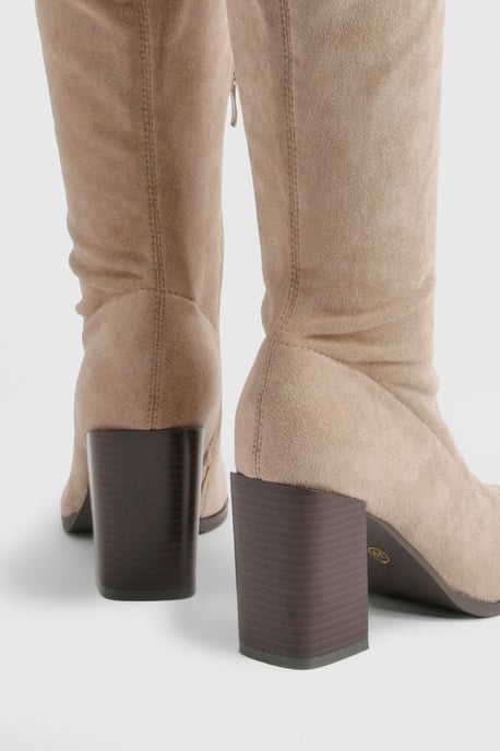 Faux Suede Block Stacked Heel Knee High Boots - Image 4